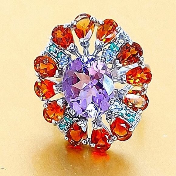 Natural Amethyst 6x4mm,‎ Citrine, Emerald 925 Sterling Silver Jewelry Ring 7.75 - Picture 3 of 12